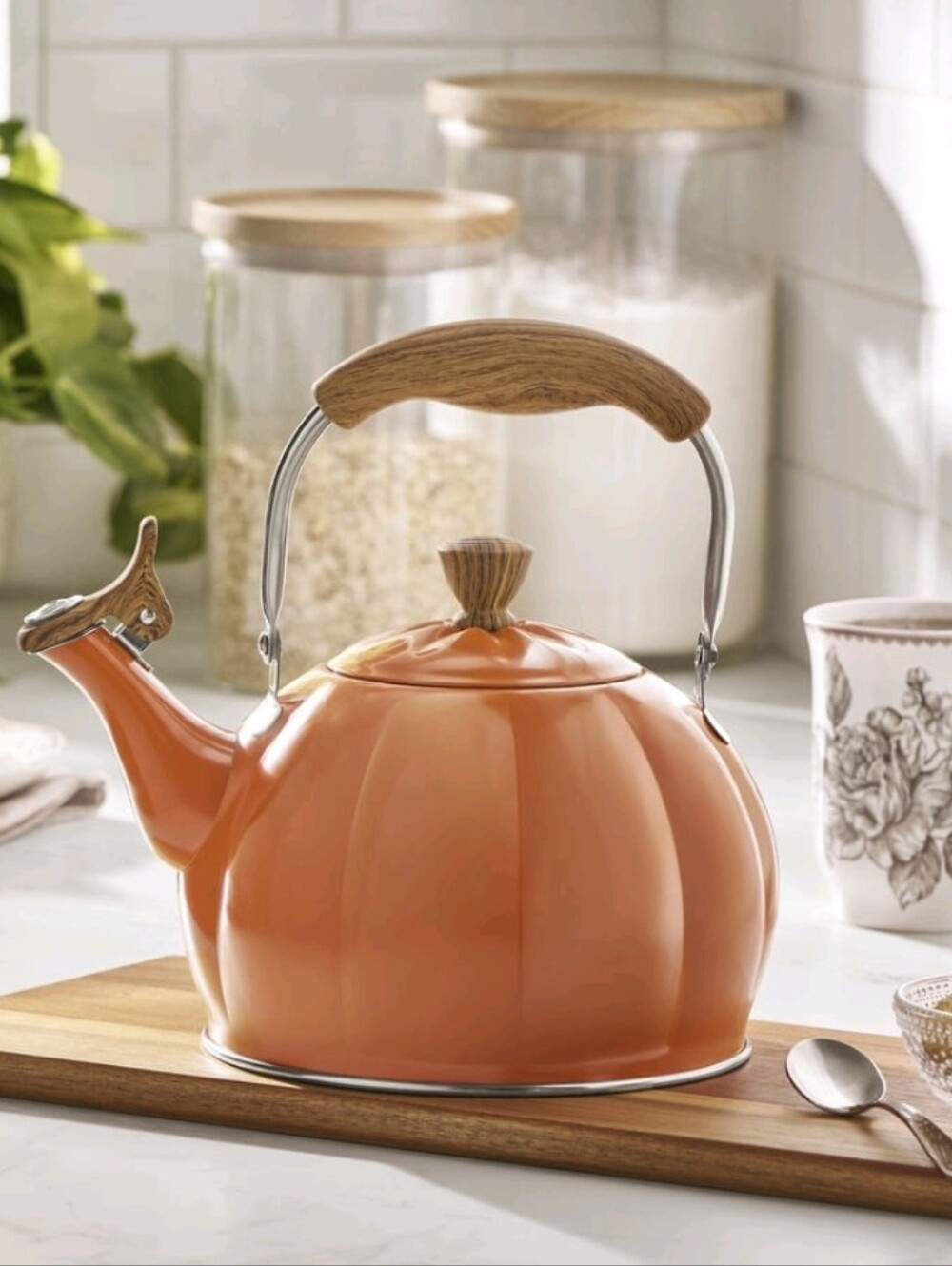 New Pioneer Woman Orange Pumpkin Whistling Tea Kettle with Wood Handle